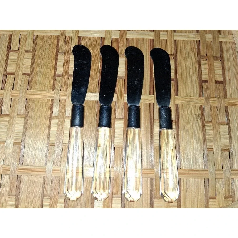 Vintage MCM Lucite Style Spreader Knives Set of 4 clear Acrylic Handles Stainles